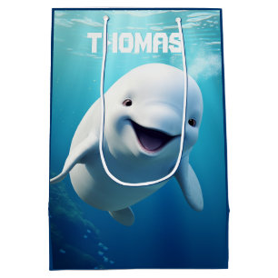 Beluga Whale Cartoon Blue Green Arctic Ocean Medium Gift Bag