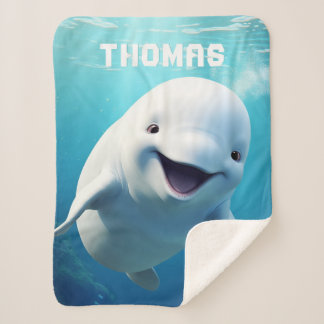 Beluga Whale Cartoon Blue Green Arctic Ocean  Sherpa Blanket