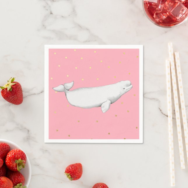 Beluga Whale Illustration Gold Dots Pink Napkin (Insitu)
