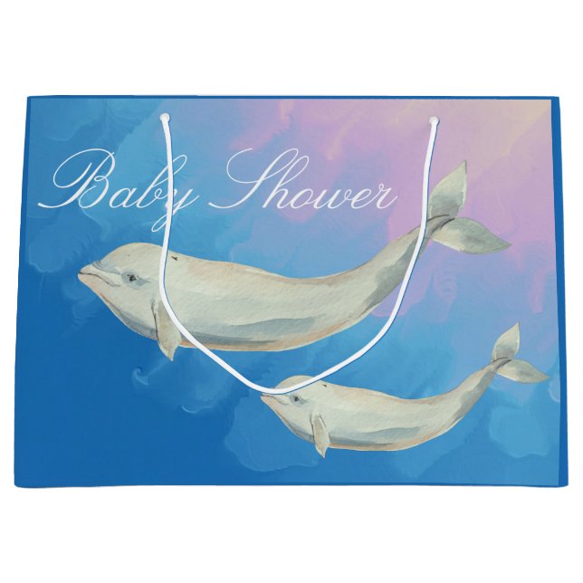 Beluga Whale Mum and Calf Baby Shower Large Gift Bag (Front)