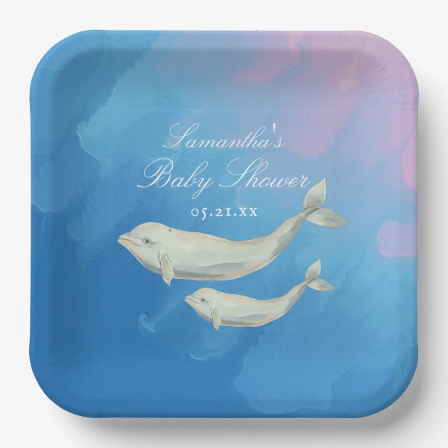 Beluga Whale Mum and Calf Baby Shower  Paper Plate (Front)