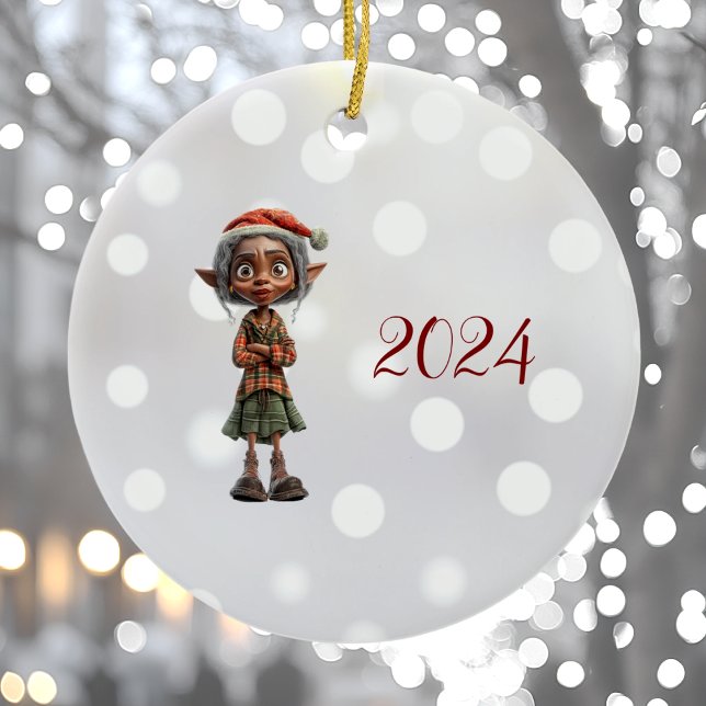 Bemused Grandma Christmas Elf Ceramic Ornament (Creator Uploaded)