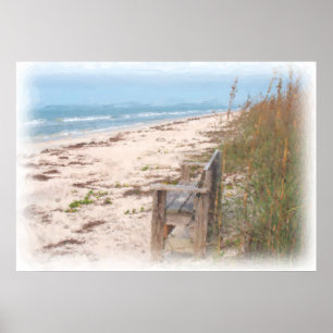 Bench at the Beach Watercolor Painting Poster