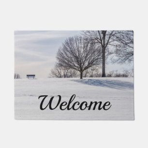 Bench On Snow Covered Hill Welcome Doormat