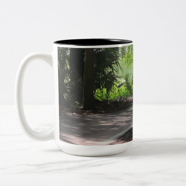 Bench on the Path at Lake Parker Two-Tone Coffee Mug (Left)