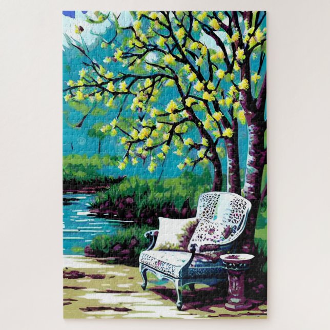 bench tree blossom pond landscape painting jigsaw puzzle (Vertical)