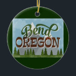 Bend Oregon Fun Retro Snowy Mountains Ceramic Tree Decoration<br><div class="desc">Bend Oregon neo vintage travel design in fun retro cartoon style featuring snow capped mountains,  forest and trees below,  blue skies and cool retro script text.</div>