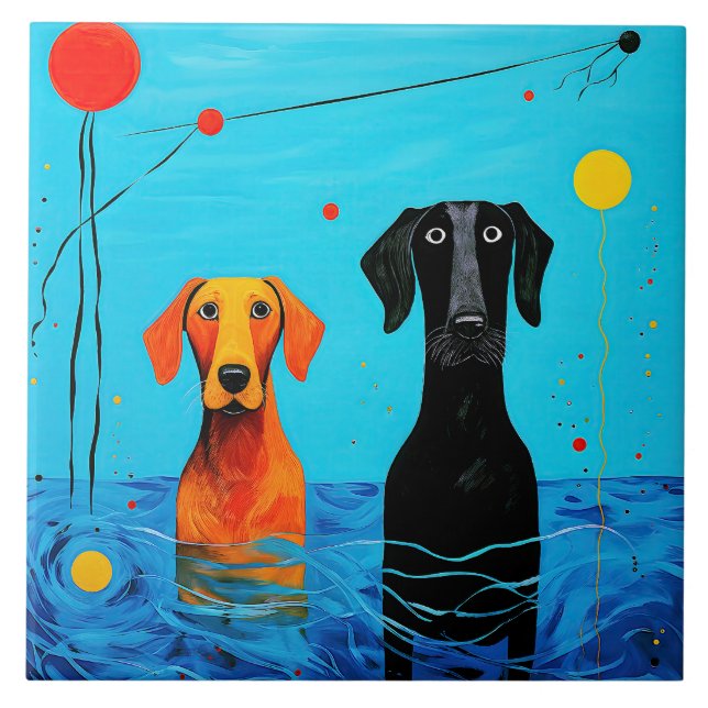 Beneath the Blue Horizon -  Surreal Colourful Dogs Tile (Front)