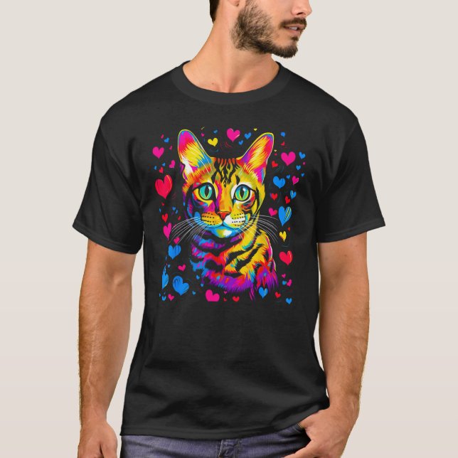 Bengal Cat Blue Red Heart T-Shirt (Front)