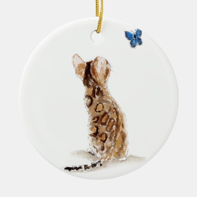Bengal Cat  & Butterfly Ceramic Tree Decoration (Front)