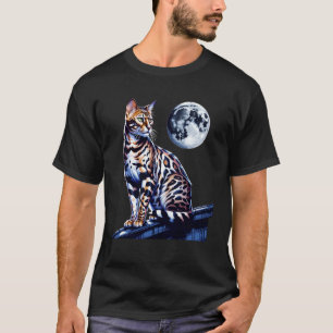 Bengal Cat Cat Full Moon Rooftop Night Scene T-Shirt