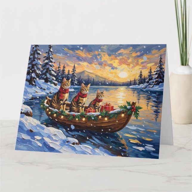 Bengal Cat Christmas Boat Holiday Card (Front)