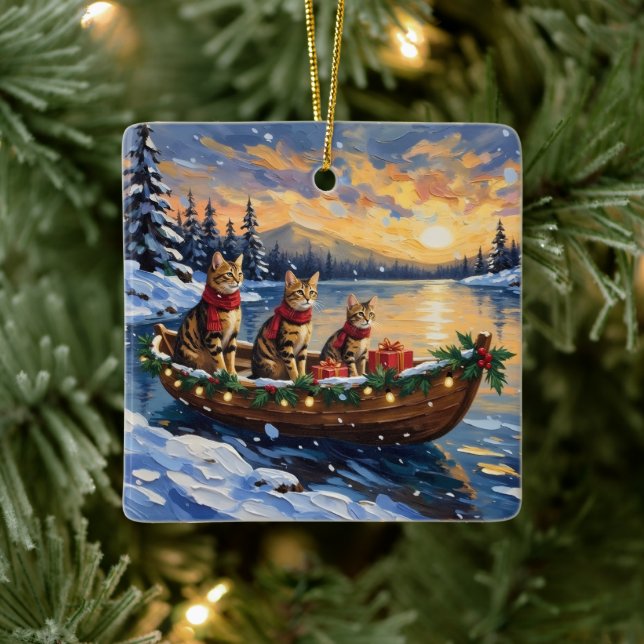 Bengal Cat Christmas Boat Holiday Ceramic Ornament (Tree)