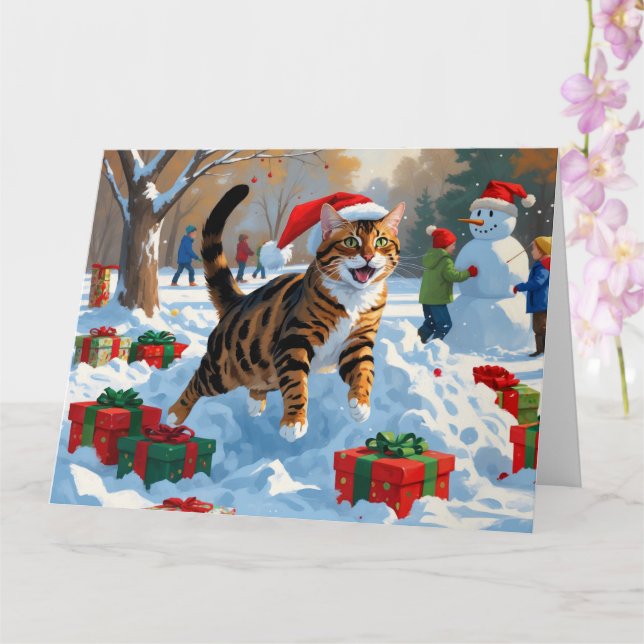 Bengal Cat Christmas Festive Snow Scene Card (Orchid)