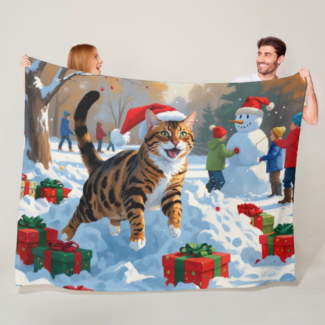 Bengal Cat Christmas Festive Snow Scene Fleece Blanket (In Situ)