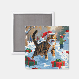 Bengal Cat Christmas Festive Snow Scene Magnet