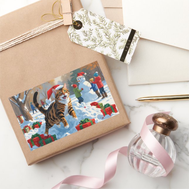 Bengal Cat Christmas Festive Snow Scene Rectangular Sticker (Gifting)