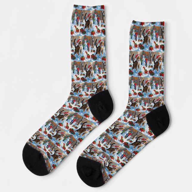 Bengal Cat Christmas Festive Snow Scene Socks (Left)