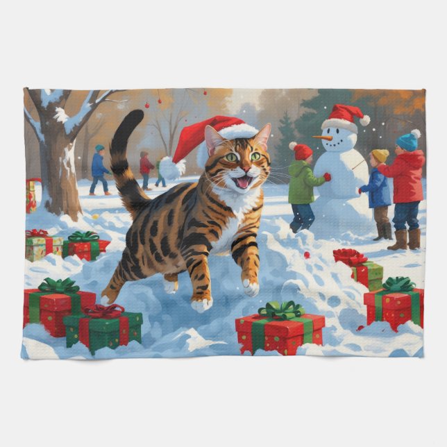 Bengal Cat Christmas Festive Snow Scene Tea Towel (Horizontal)