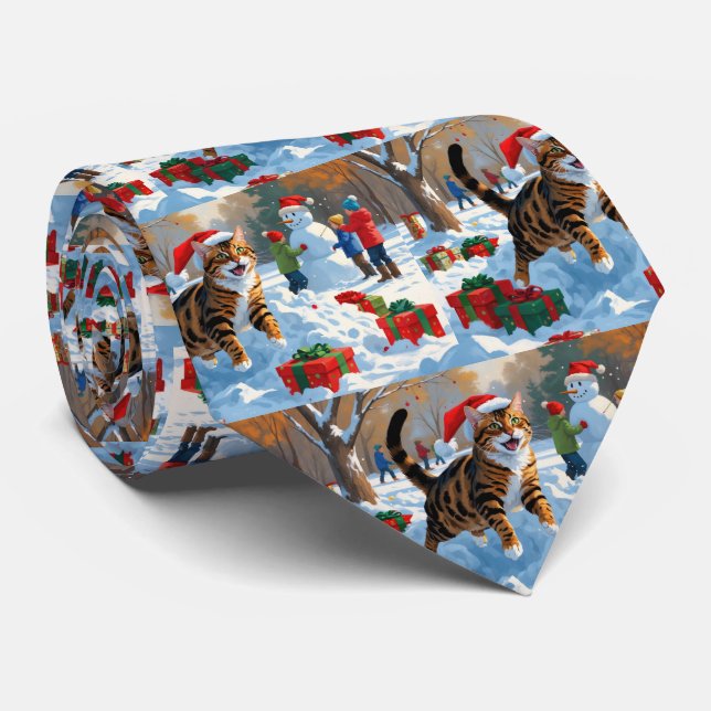 Bengal Cat Christmas Festive Snow Scene Tie (Rolled)