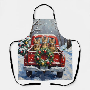 Bengal Cat Christmas Red Truck Holiday Apron