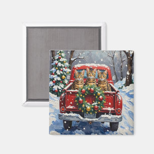 Bengal Cat Christmas Red Truck Holiday Magnet
