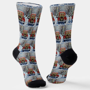 Bengal Cat Christmas Red Truck Holiday Socks
