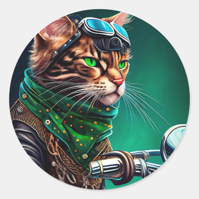 Bengal Cat driving bike St. Patrick's Day Classic Round Sticker (Front)