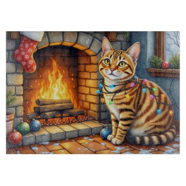 Bengal Cat Fireplace with Christmas Lights Cutting Board (Front)