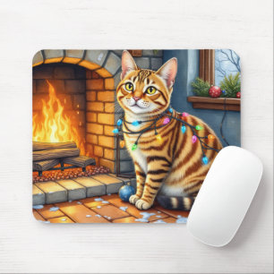 Bengal Cat Fireplace with Christmas Lights Mouse Pad