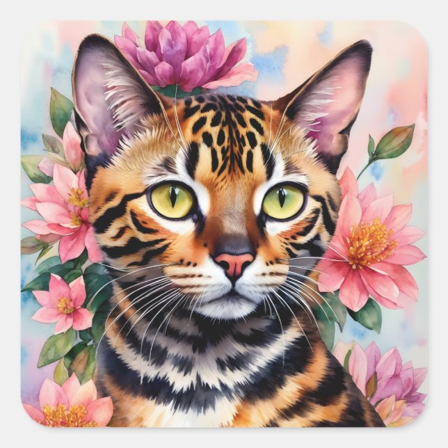 Bengal Cat Floral Art Square Sticker (Front)