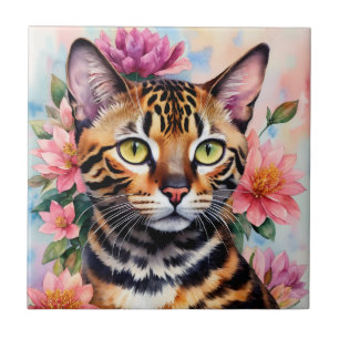 Bengal Cat Floral Watercolor Art Tile