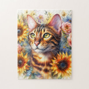 Bengal Cat Floral Watercolor Jigsaw Puzzle