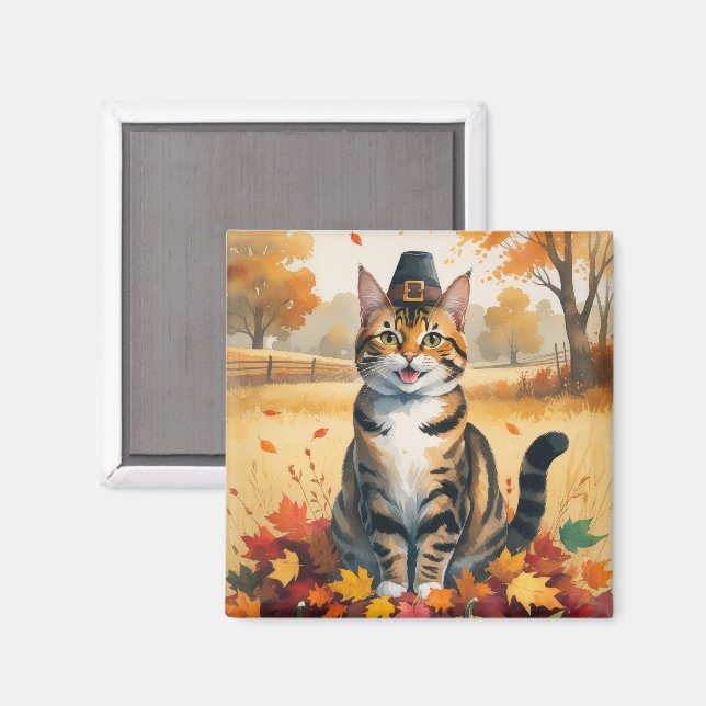 Bengal Cat in Autumn Leaves Thanksgiving Art Magnet (Front/Back)