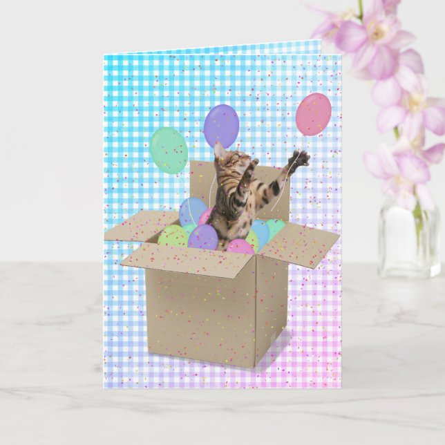 Bengal cat in box birthday card (Orchid)