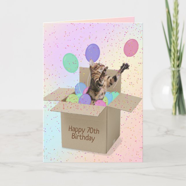 Bengal cat in carton box 70th birthday card (Front)