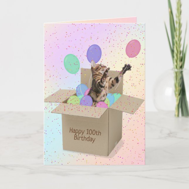 Bengal cat in carton box for 100th birthday card (Front)
