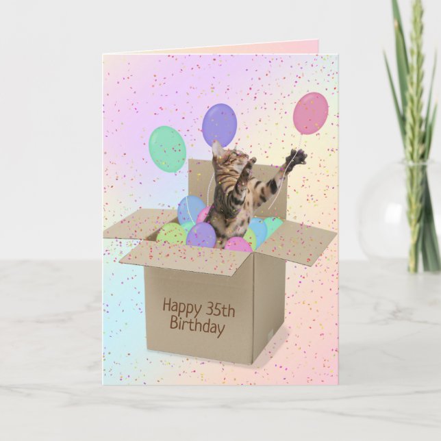 Bengal cat in carton box for 35th birthday card (Front)