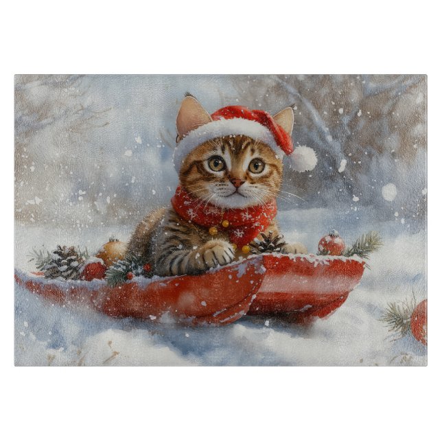 Bengal Cat in Sledge Let it Snow Christmas Cutting Board (Front)