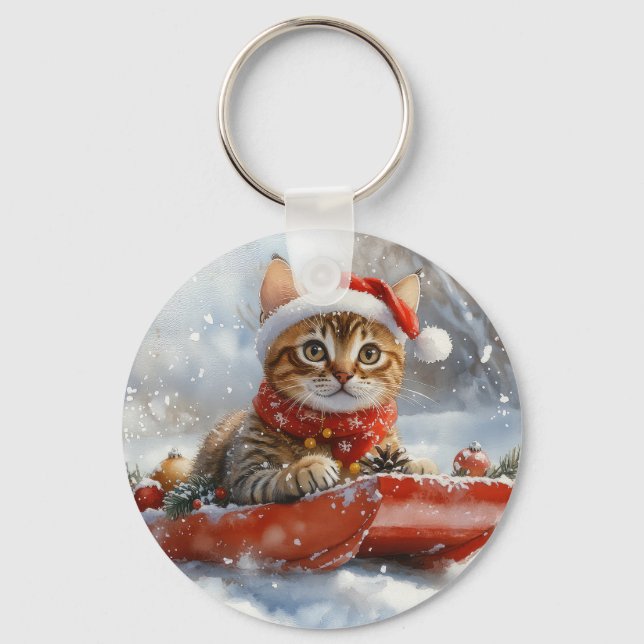 Bengal Cat in Sledge Let it Snow Christmas Key Ring (Front)