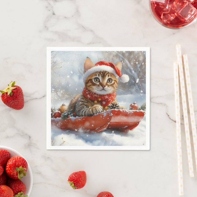 Bengal Cat in Sledge Let it Snow Christmas Napkin (Insitu)