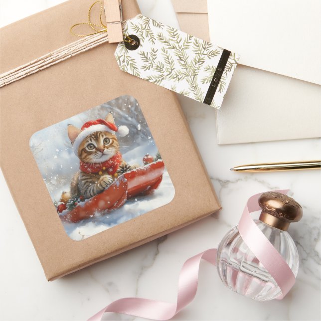 Bengal Cat in Sledge Let it Snow Christmas Square Sticker (Gifting)