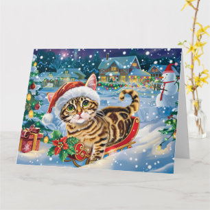 Bengal Cat in Sleigh Snow Christmas Card
