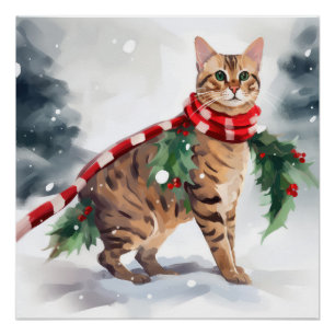 Bengal Cat in Snow Christmas Poster