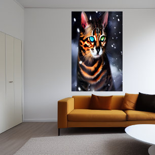 Bengal cat in the snow   AI Art  Poster
