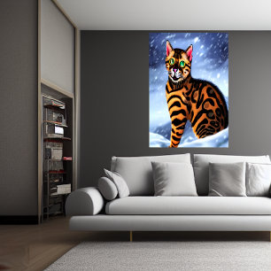 Bengal cat in the snowy mountain   AI Art Poster