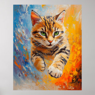 Bengal Cat Leaping Through Fire and Ice Poster