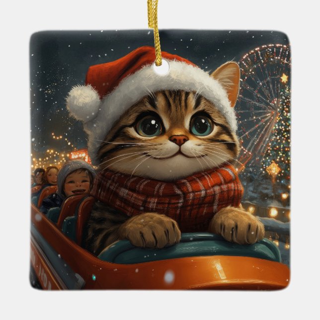 Bengal Cat Roller Coaster Christmas Ceramic Ornament (Front)