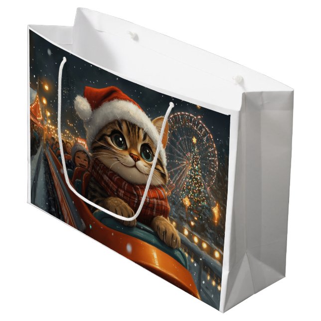 Bengal Cat Roller Coaster Christmas Large Gift Bag (Front Angled)
