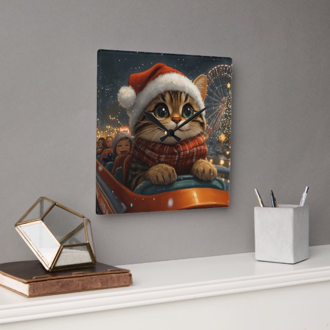 Bengal Cat Roller Coaster Christmas Square Wall Clock (Office)